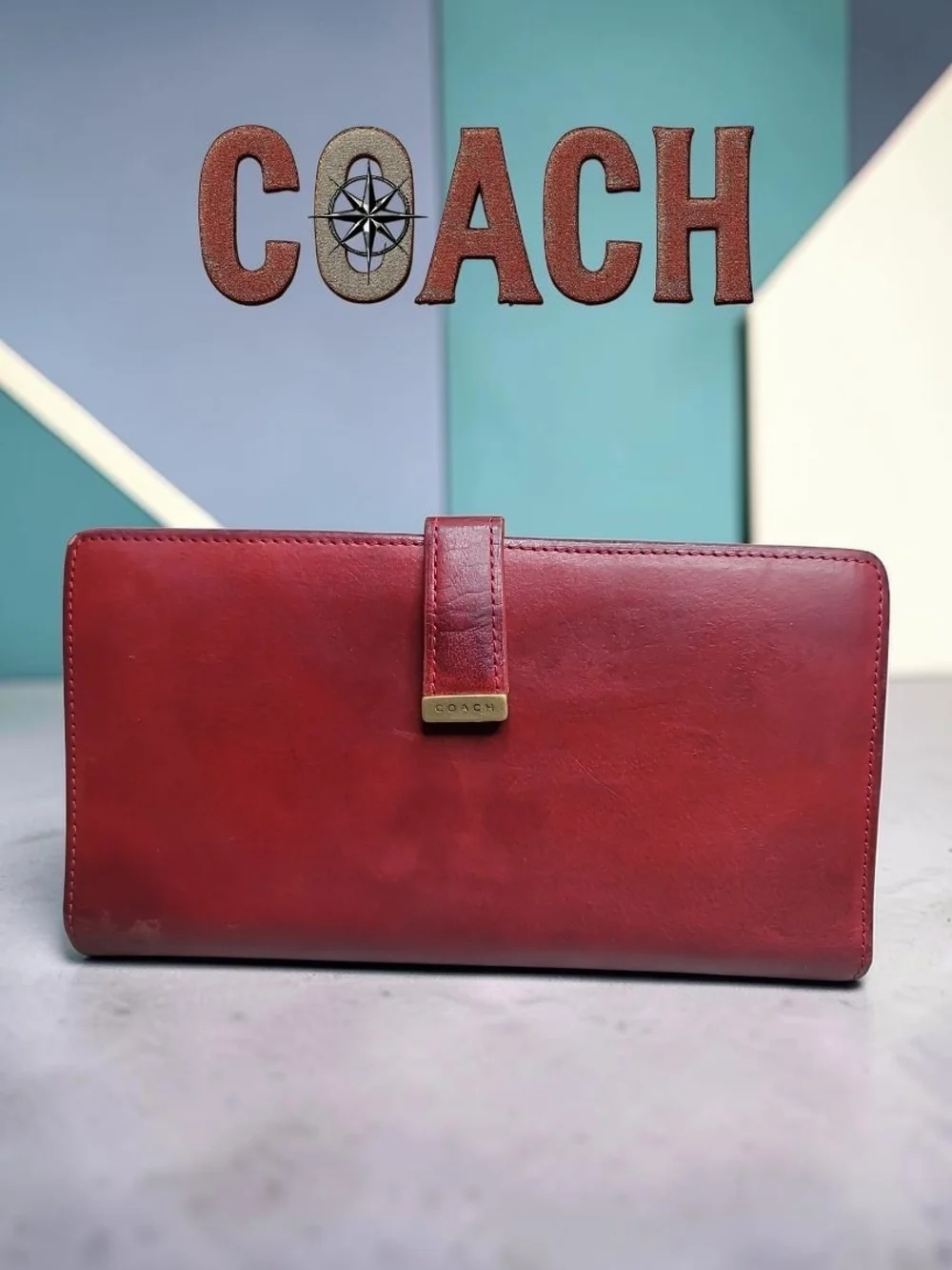 COACH Red Vintage Buffalo Calf Leather Continental Kisslock Wallet Preloved
